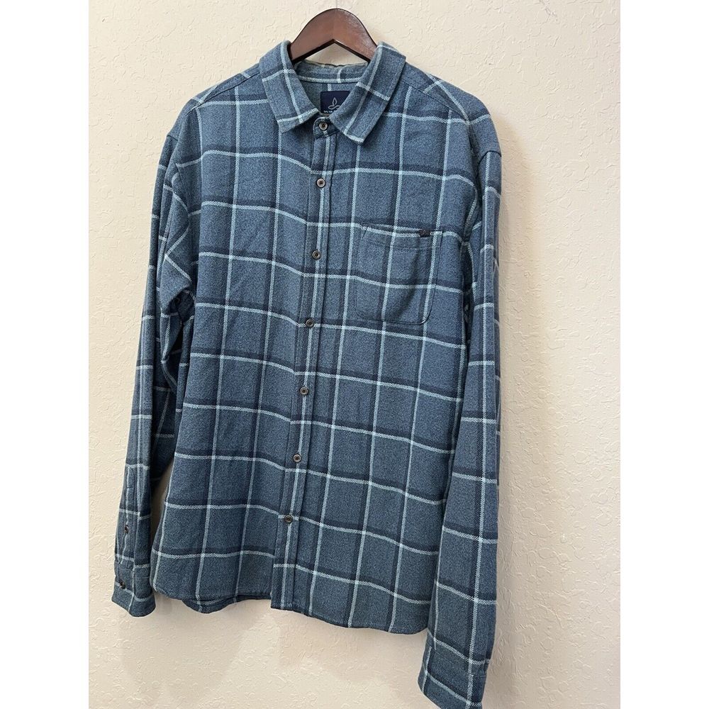 Prana Flannel Shirt style Mens Gorpcore Outdoorsy‎ Plaid Cotton XL Blue Gray